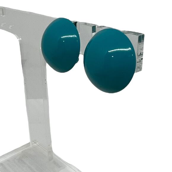 Vintage Teal Button Clip-On Earrings, Round Metal Statement Accessories - Picture 2 of 8